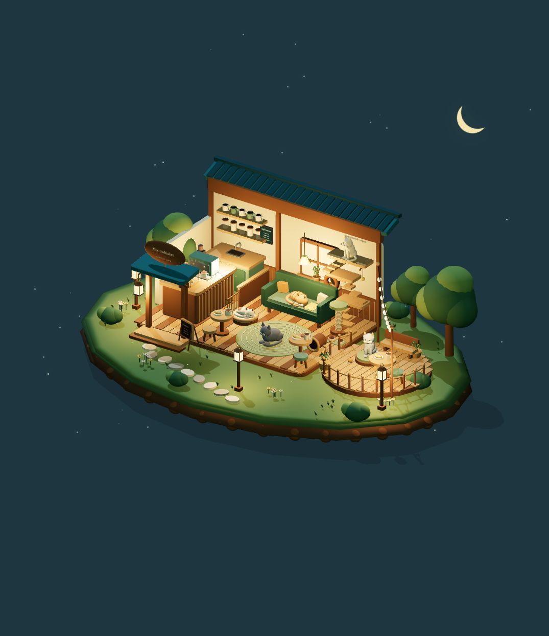 A tiny wooden cat café with glowing lanterns and trees on a grassy island at night